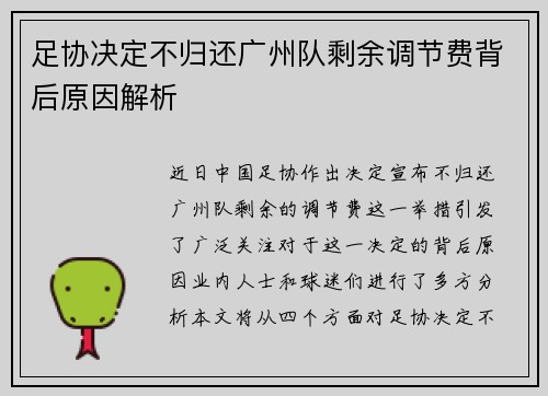足协决定不归还广州队剩余调节费背后原因解析