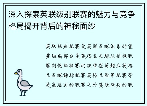 深入探索英联级别联赛的魅力与竞争格局揭开背后的神秘面纱